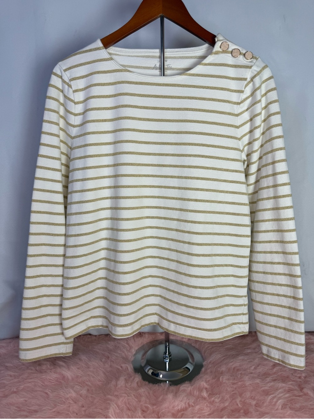 J. Crew - 100% Cotton Artist Tee Cream Top with Gold Stripes & Accents - Size L
